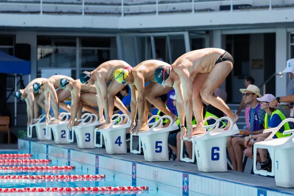Swimmers on the blocks ready to race